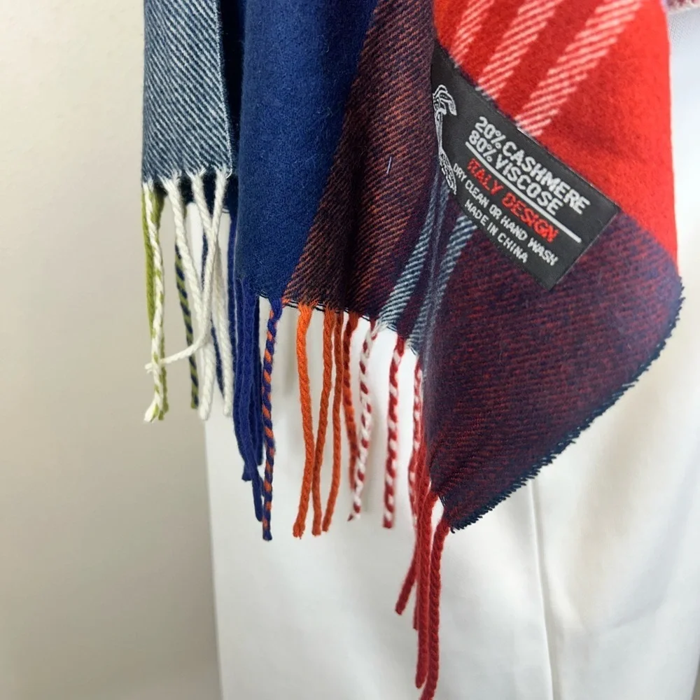 Italy Design Cashmere Blend Colorful Plaid Scarf Fringe Soft Heritage Classic